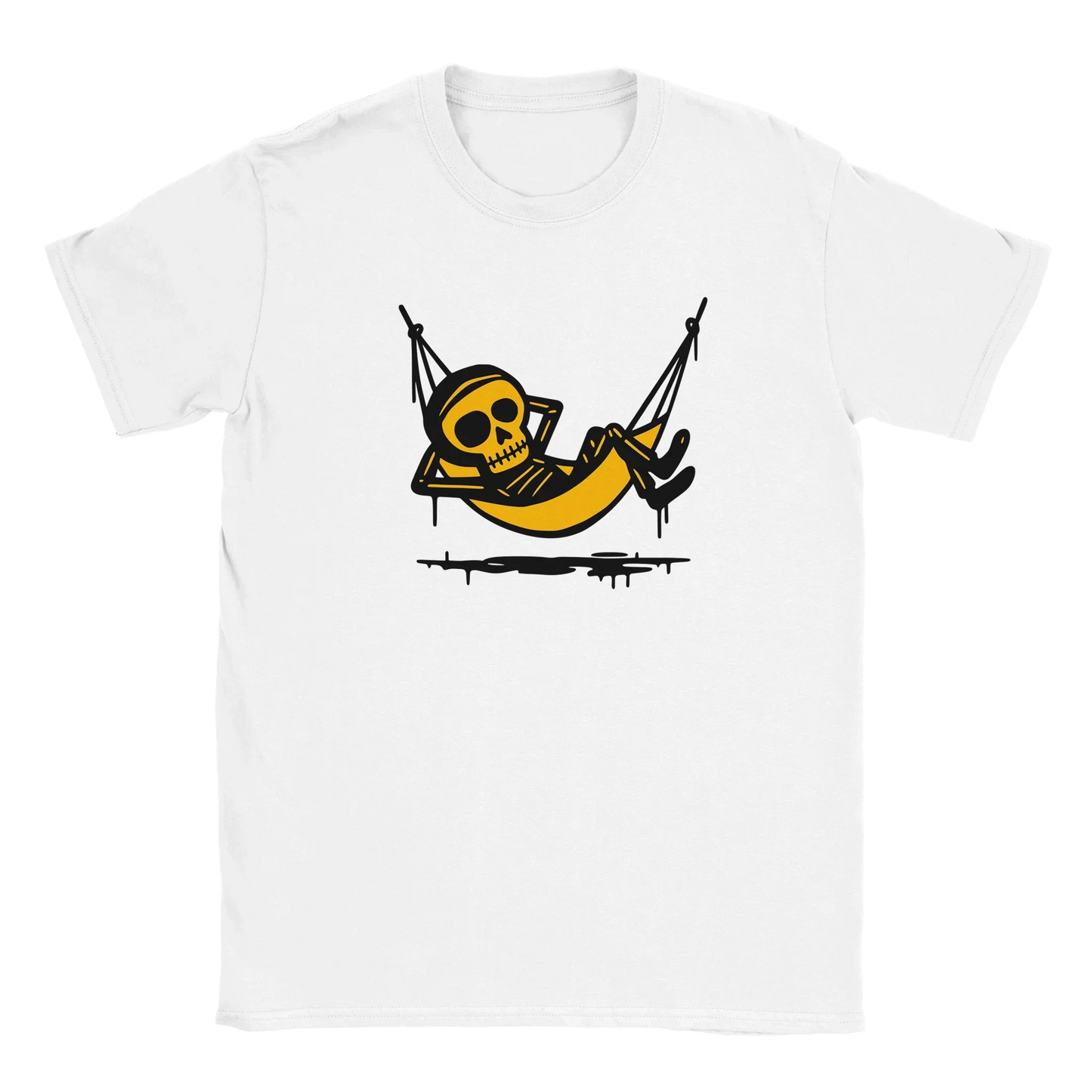 Valkoinen short-sleeve T-paita Skeleton relaxing in yellow hammock design Riippumattoilija
