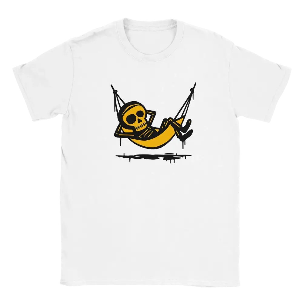 Valkoinen short-sleeve T-paita Skeleton relaxing in yellow hammock design Riippumattoilija