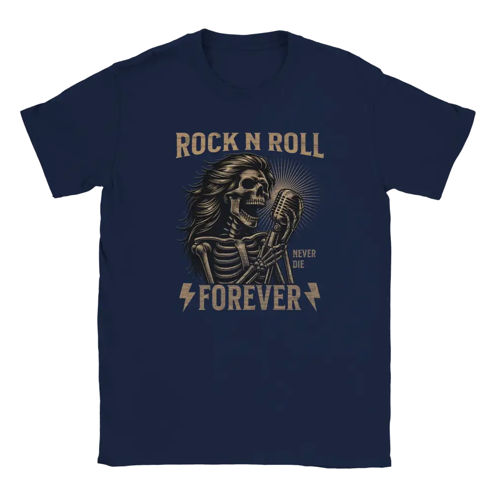 T-paita, jonka printissä pitkähiuksinen kallo mikrofonin ääressä ja Rock N Roll Forever -teksti.