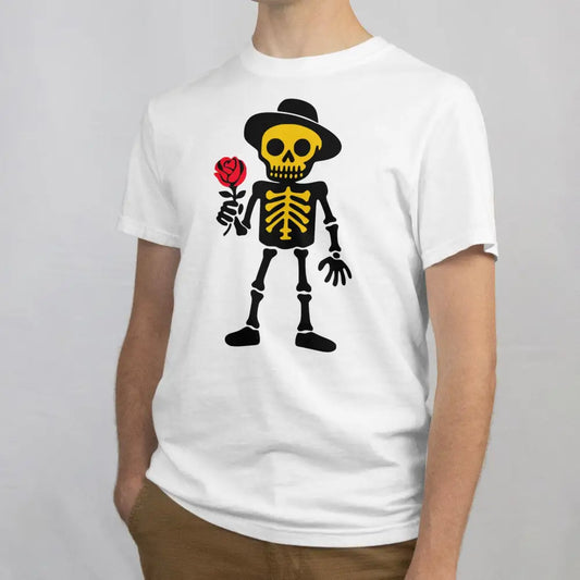 Romantikko T-paita valkoinen T-paita sarjakuvakallosta ja punaisesta ruususta