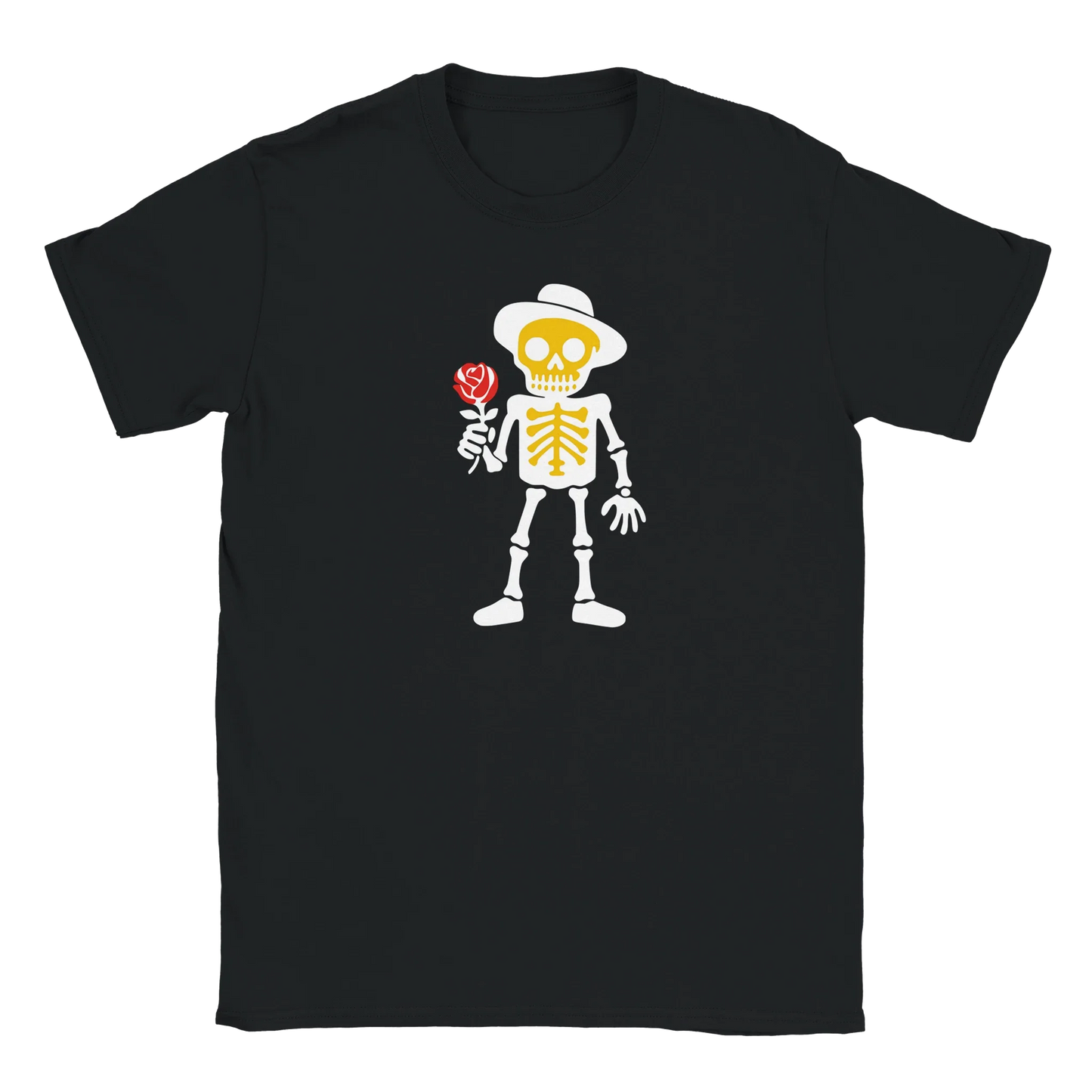 Musta crew-neck T-paita Romantikko, karikatyyri-luurankko hatussa ja punaisessa ruusussa