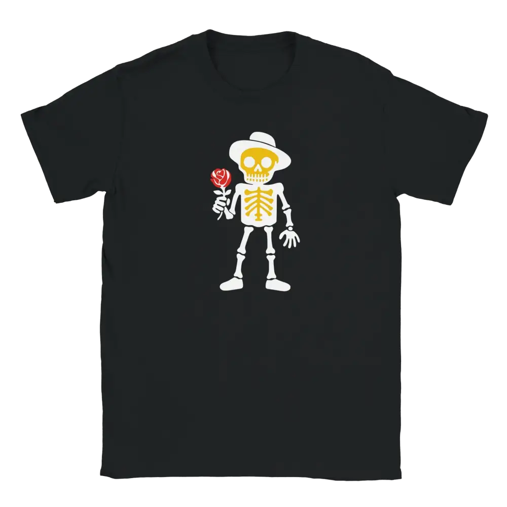 Musta crew-neck T-paita Romantikko, karikatyyri-luurankko hatussa ja punaisessa ruusussa