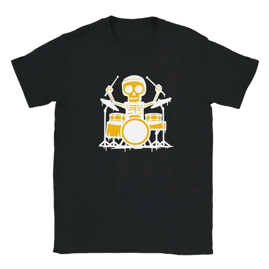 Mustavalkoinen T-paita Rumpali - T-paita, jossa keltainen ja valkoinen luuranko soittaa rumpuja