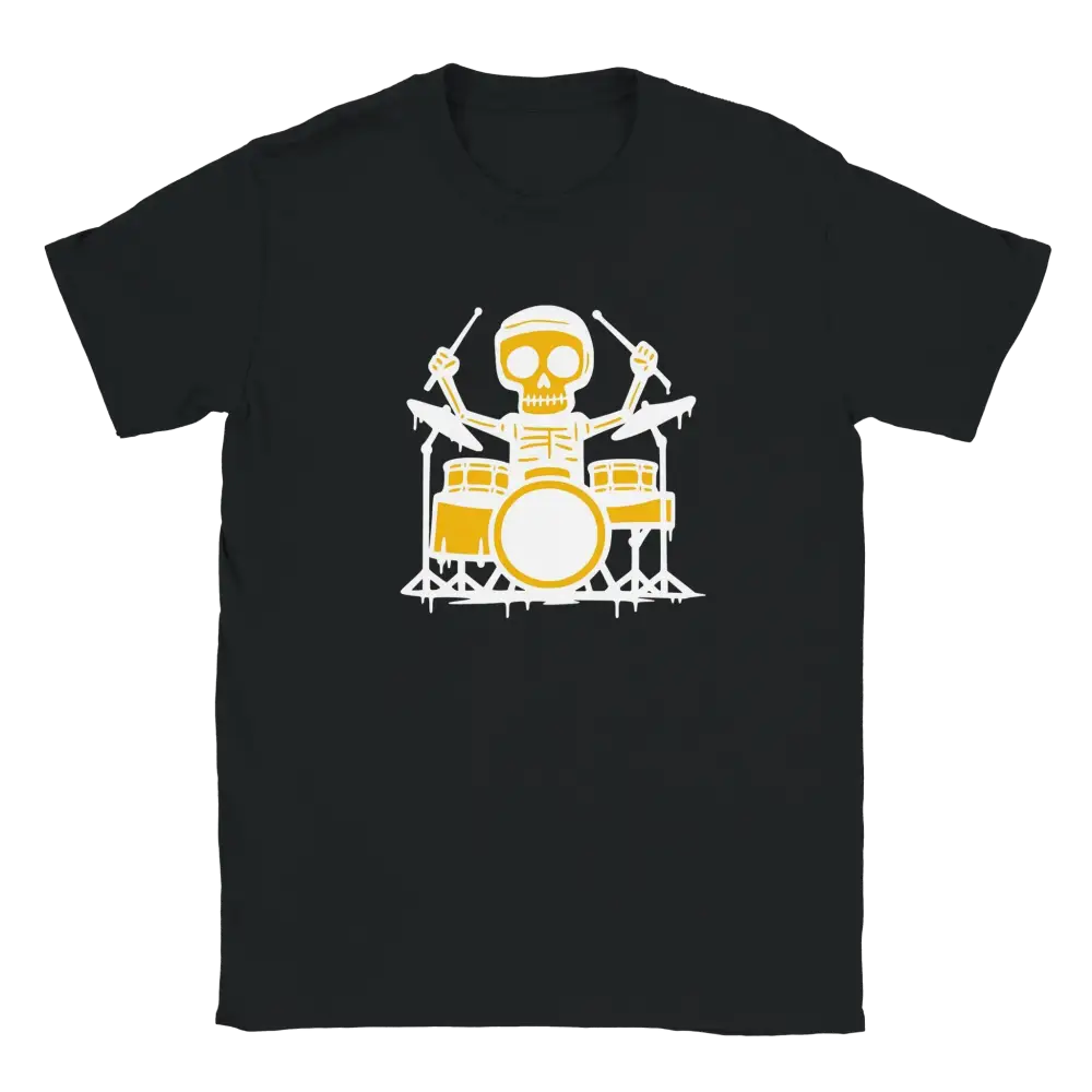 Mustavalkoinen T-paita Rumpali - T-paita, jossa keltainen ja valkoinen luuranko soittaa rumpuja