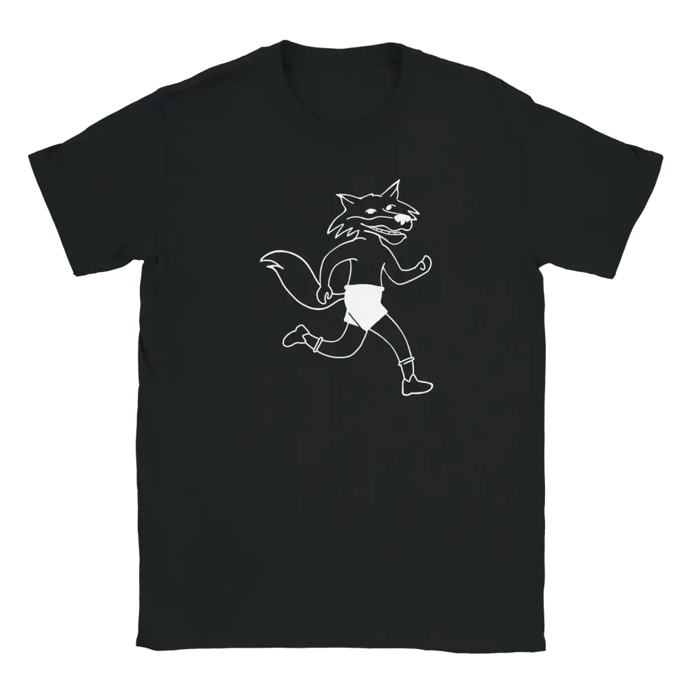 Musta Crew Neck T-paita Run Fox Run - T-paita, valkoinen juokseva susi piirroksena