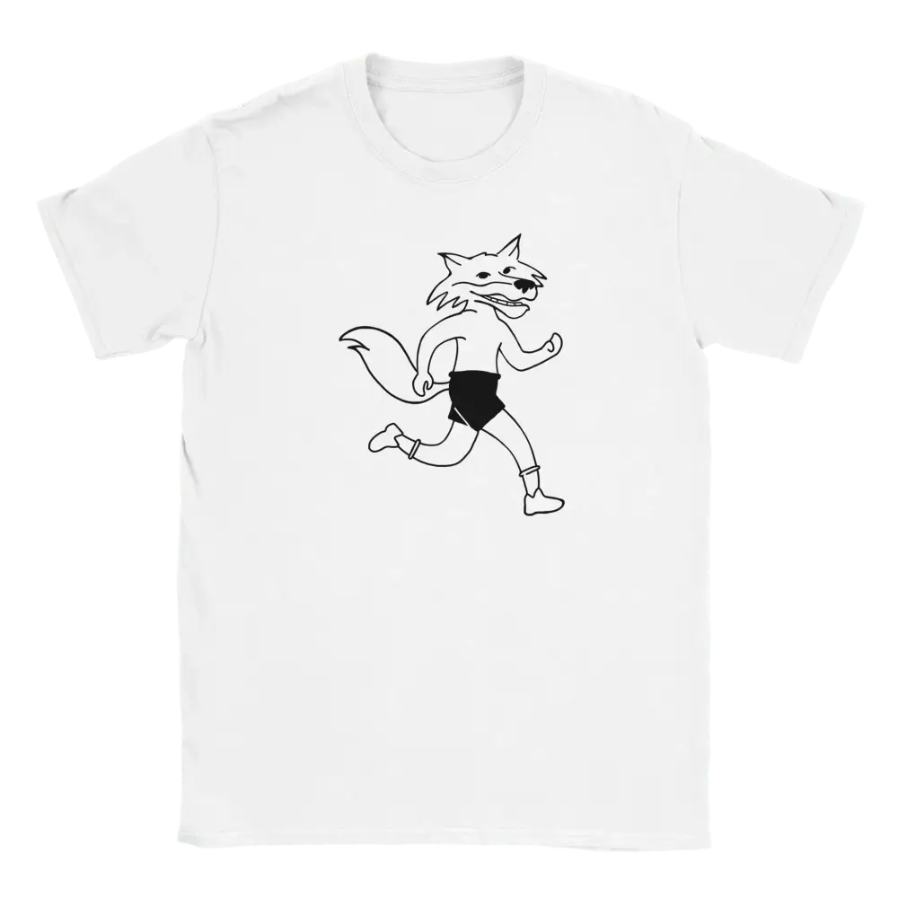 Valkoinen T-paita Run Fox Run - T-paita, jossa piirroshaukka juoksee mustissa shortseissa ja sukissa