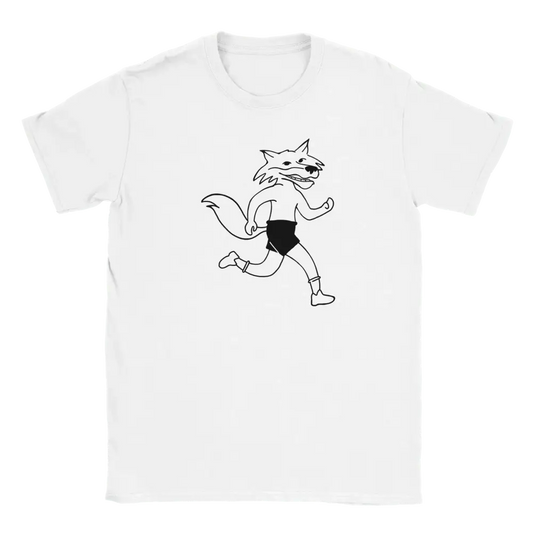 Valkoinen T-paita Run Fox Run - T-paita, jossa piirroshaukka juoksee mustissa shortseissa ja sukissa