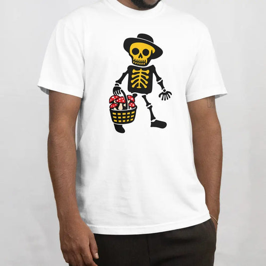 Valkoinen lyhythihainen T-paita Ruokasienet - T-paita, skeletin ja sienikori, muoti