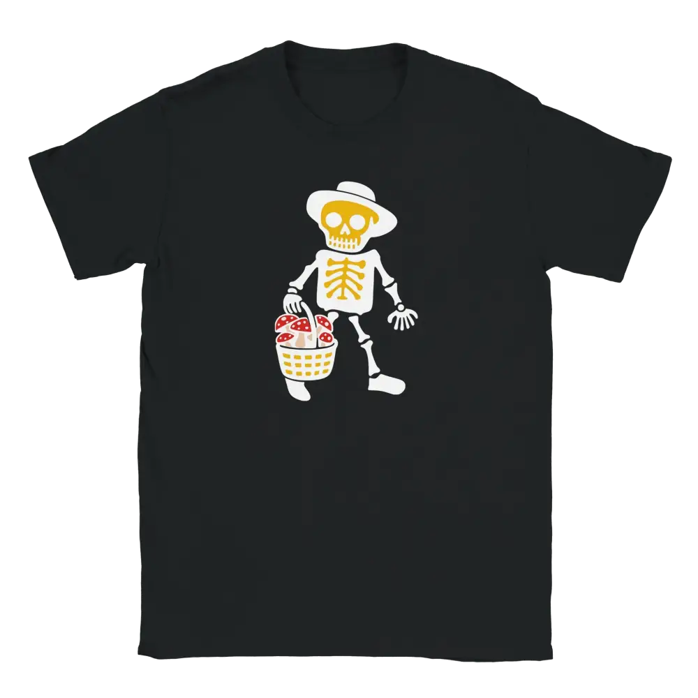 Mustavalkoinen T-paita Skeletoni ja sienikorin design Ruokasienet T-paita