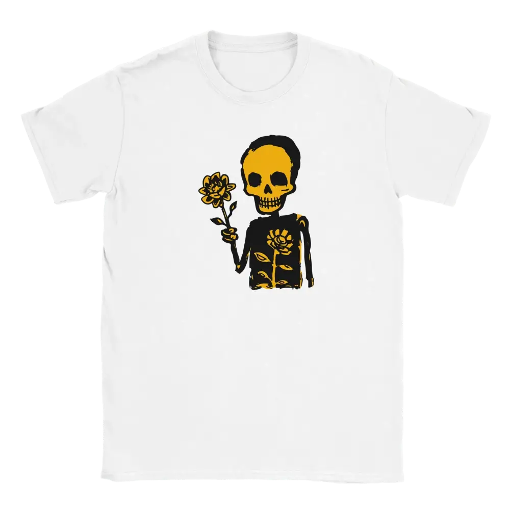 Valkoinen lyhythihainen T-paita Ruusuja, skeletoni ja kukka grafiikalla