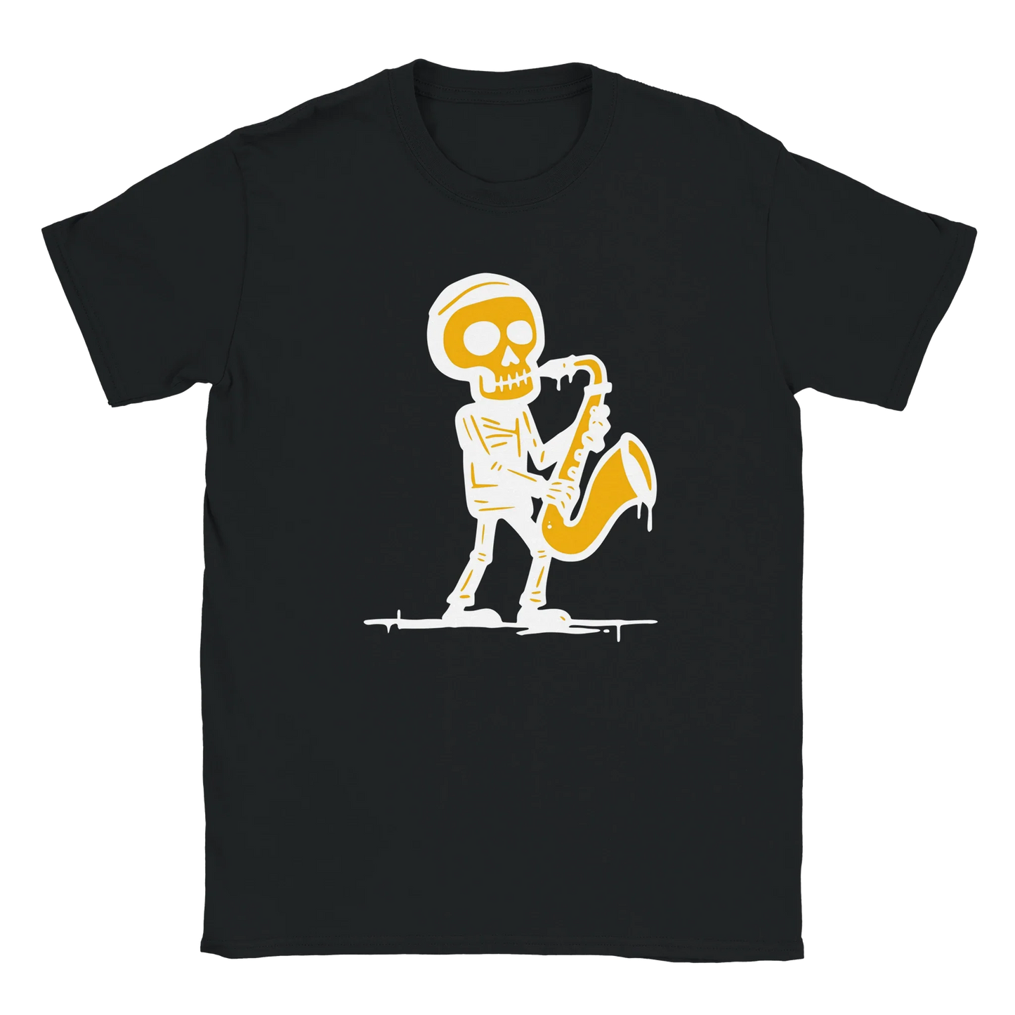 Musta T-paita Skeleton playing Saxophone -designi Saksofonisti - T-paita
