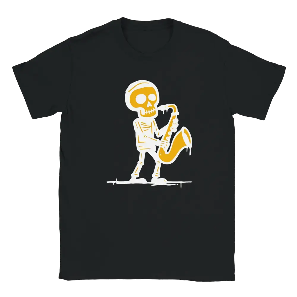Musta T-paita Skeleton playing Saxophone -designi Saksofonisti - T-paita