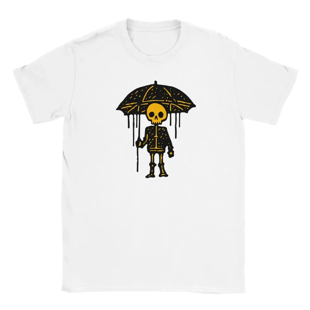 Valkoinen T-paita Skeletonin kanssa, joka pitää sateenvarjoa, Sateenvarjo Skeleton T-paita