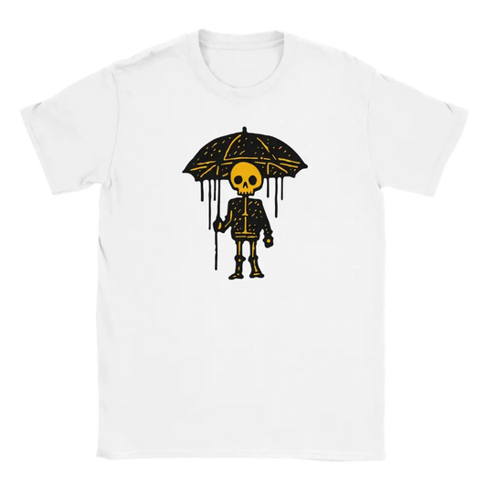 Valkoinen T-paita Skeletonin kanssa, joka pitää sateenvarjoa, Sateenvarjo Skeleton T-paita