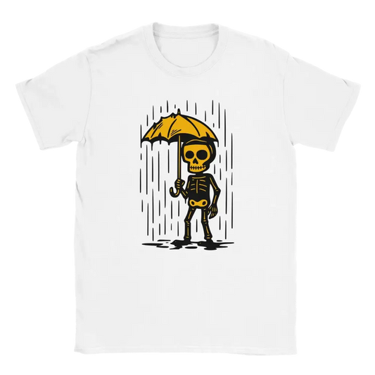 Sateeseen T-paita valkoinen t-paita luuranko ja keltainen sateenvarjo design