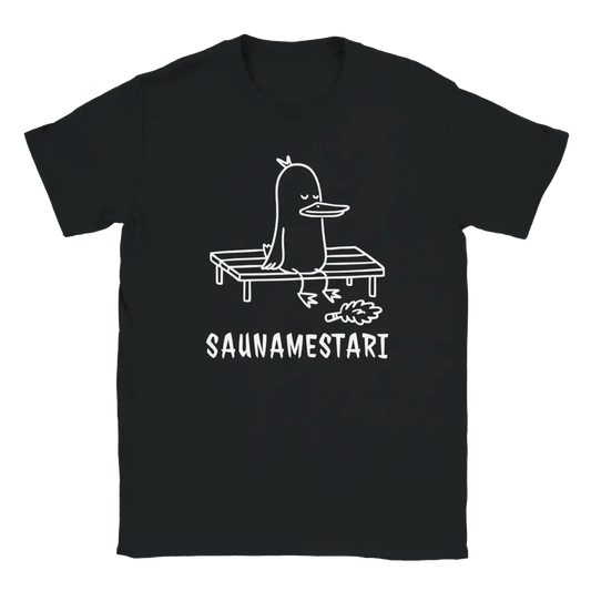 Saunamestari T-paita musta lyhythihainen t-paita valkoinen ankka piirros istuimella