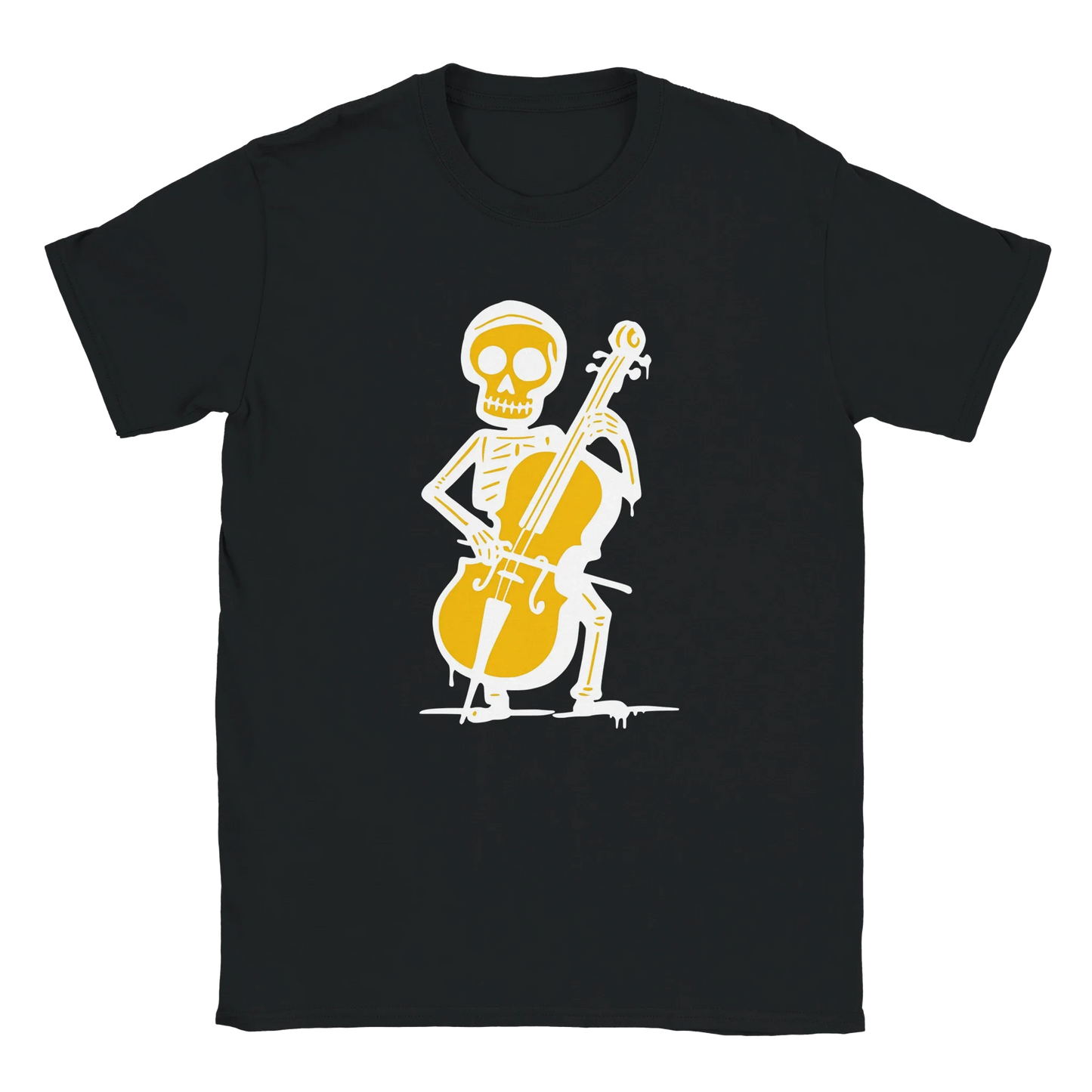 Mustavalkoinen Sellisti T-paita, luuranko soittaa selloa, design