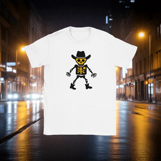 Valkoinen lyhythihainen T-paita Skeleton Sheriffi cowboy hat ja boots