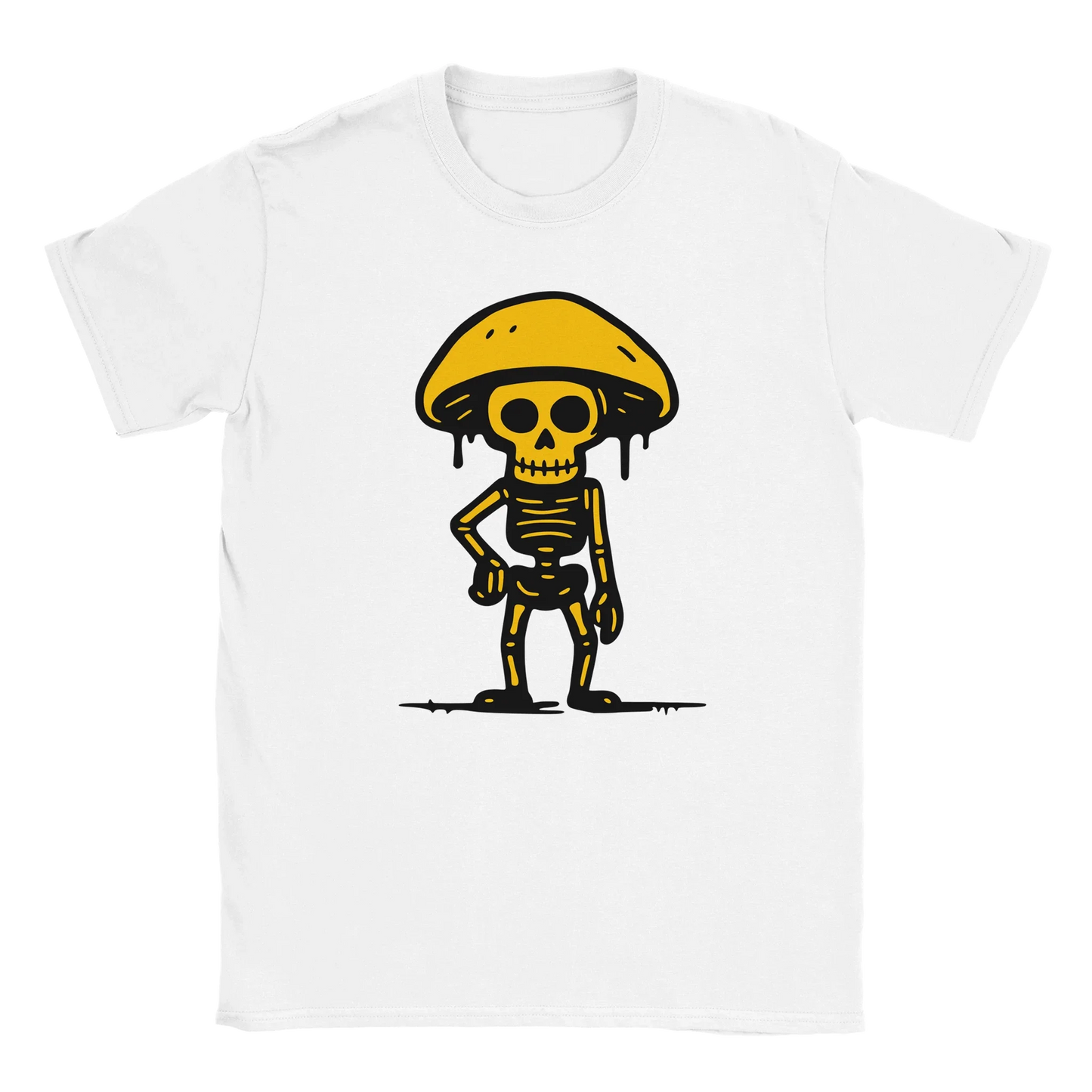 Valkoinen crew-neck T-paita Sienestäjä, cartoon-luolalapsi ja keltainen sienihattu