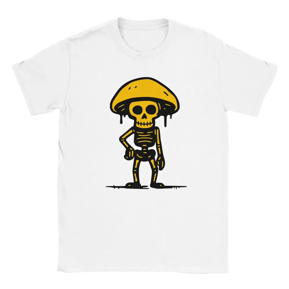 Valkoinen crew-neck T-paita Sienestäjä, cartoon-luolalapsi ja keltainen sienihattu