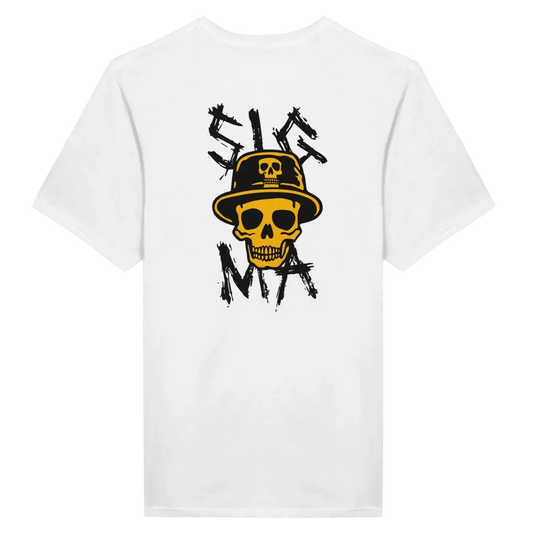 Sigma T-paita valkoinen t-paita keltainen kallo musta kypärä SIGMA teksti selässä