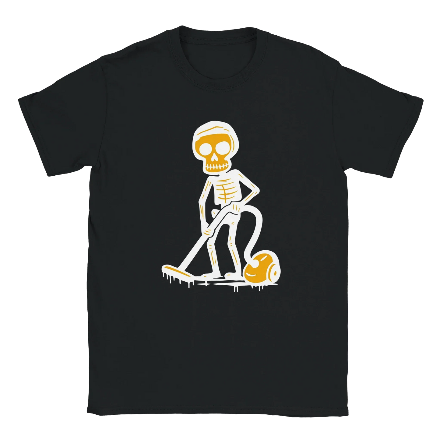 Mustavalkoinen Siivooja T-paita cartoon-skeleton vacuuming päällä