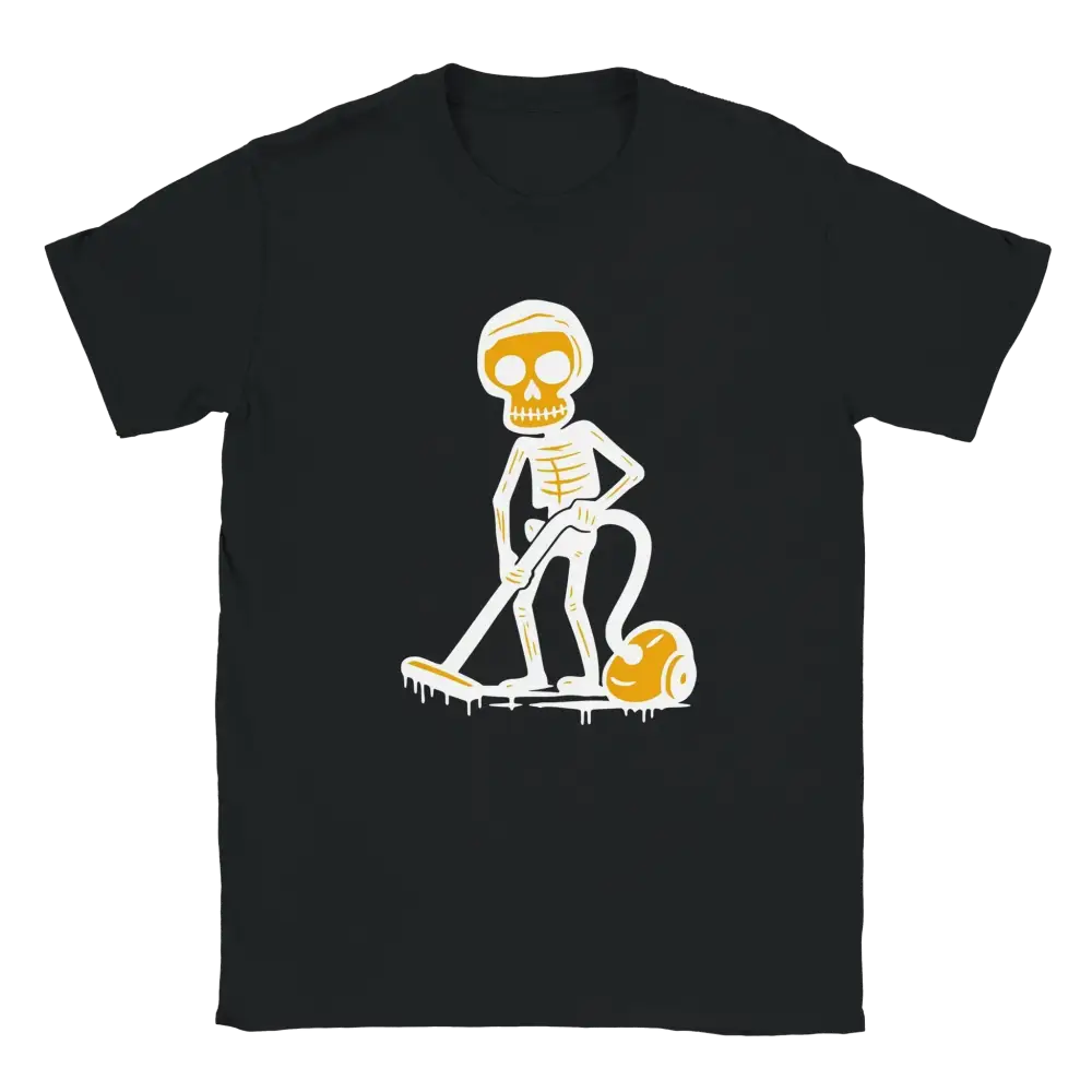 Mustavalkoinen Siivooja T-paita cartoon-skeleton vacuuming päällä