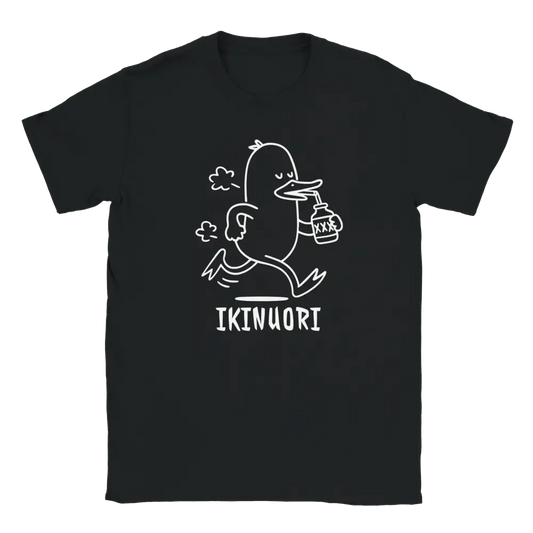 Musta lyhythihainen T-paita valkoisella ankka-somisteella Silloin Kun Olin Nuori-tuotenimellä