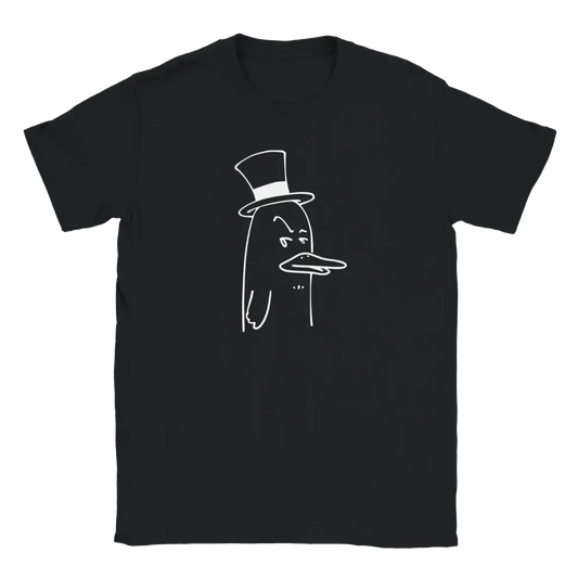 Mustavalkoinen Sir Duckington - T-paita, jossa valkoinen ankka ja hatun piirros