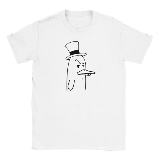 Valkoinen lyhythihainen T-paita Sir Duckington, mustavalkoinen ankka hatussa