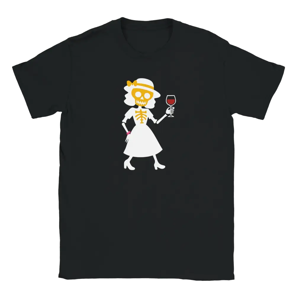 Musta naisten T-paita Skeleton naisen kanssa juomalla viiniä Sivistynyt-tuotemerkki