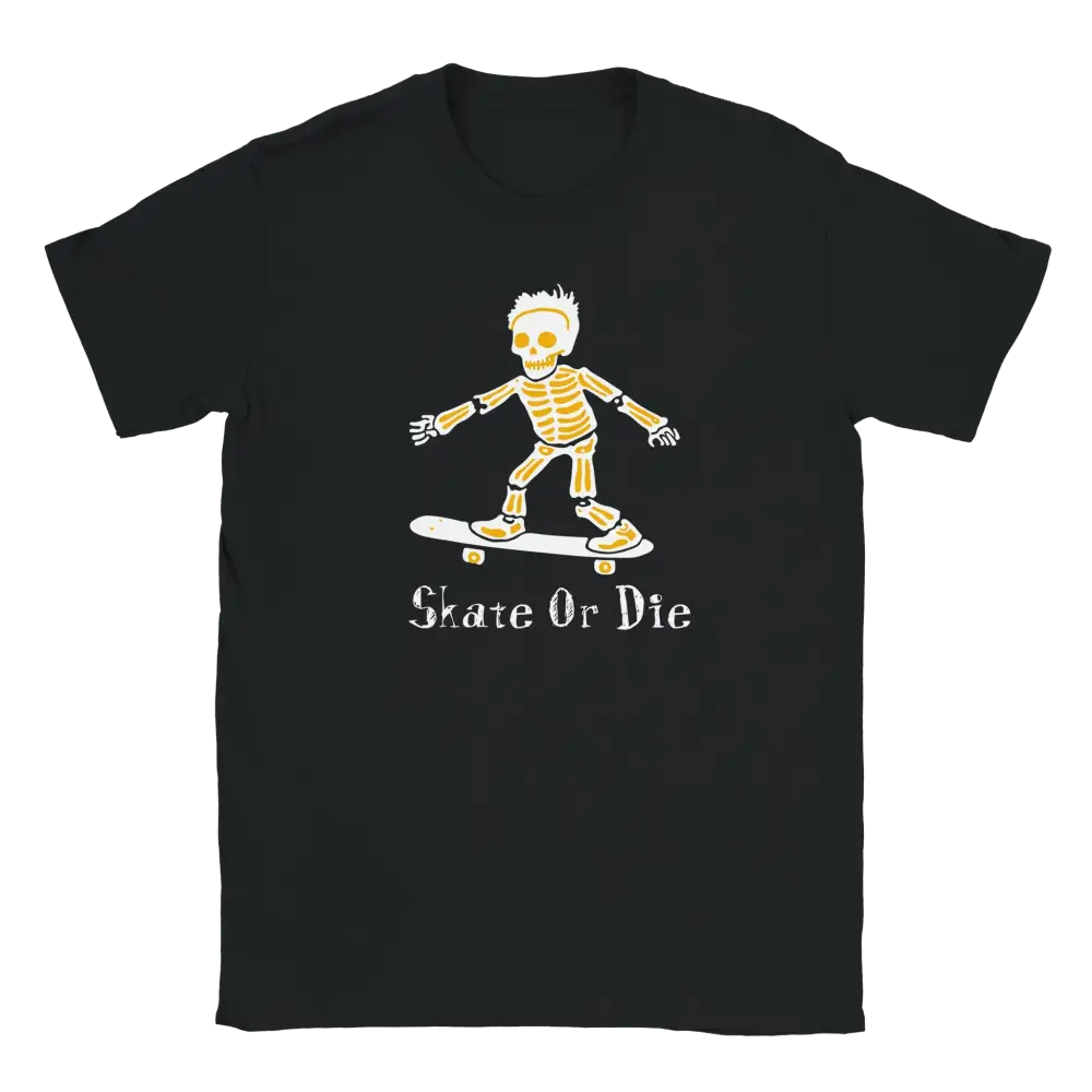 Mustat T-paita Skeleton Skateboarding -designilla Skate Or Die -tuotteessa