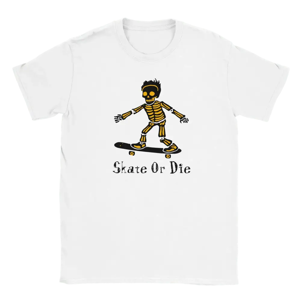 Valkoinen T-paita Skeleton skateboarding ja Skate Or Die tekstillä