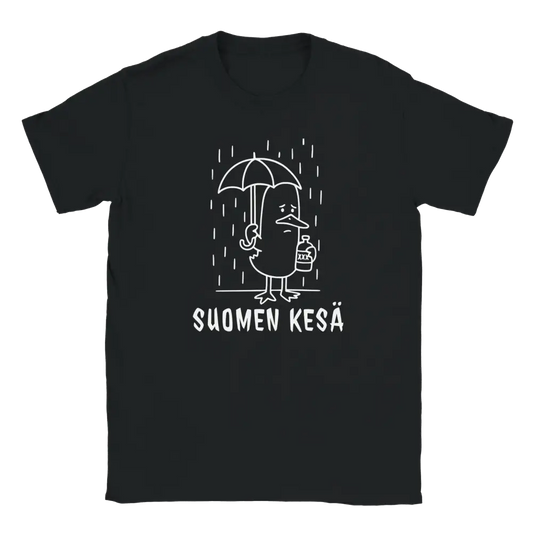 Suomenkesä T-paita musta t-paita valkoinen lintakuva sateenvarjolla ja pullolla