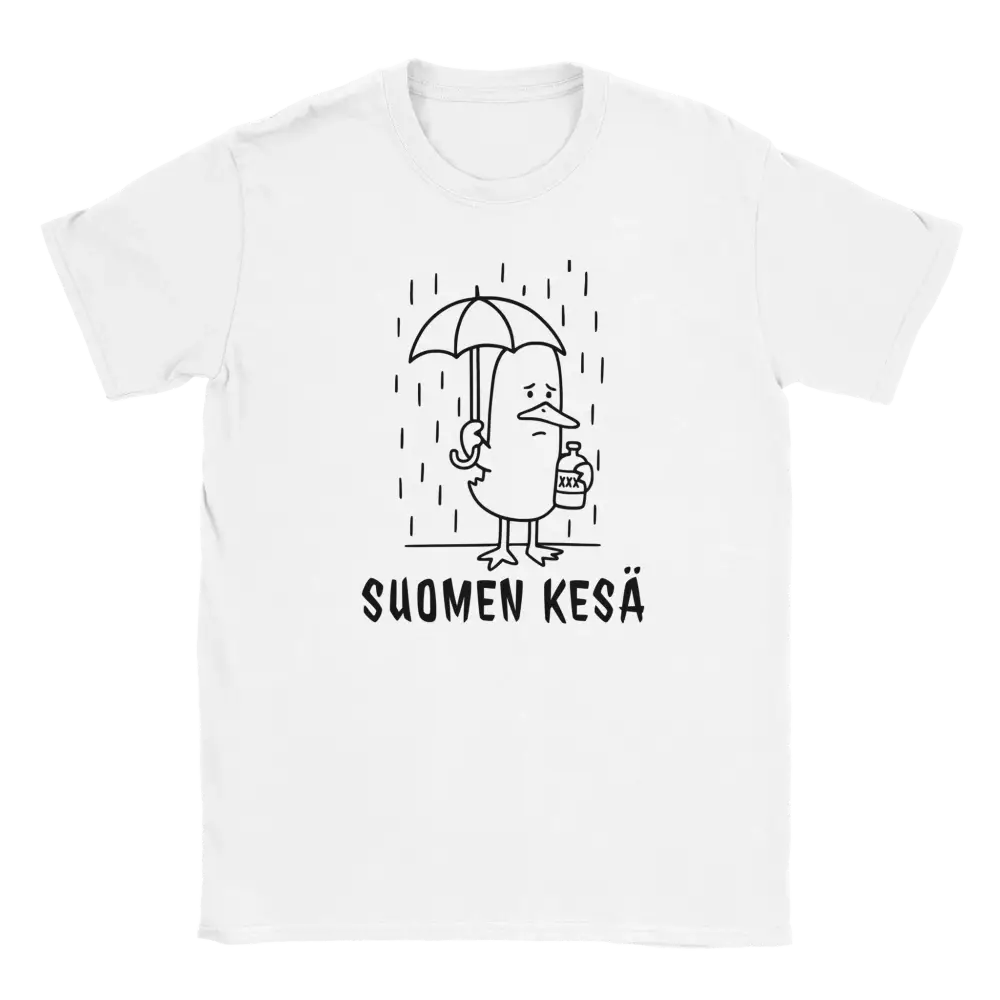 Suomenkesä T-paita valkoinen, mustavalkoinen lintukuvio ja olutpullo