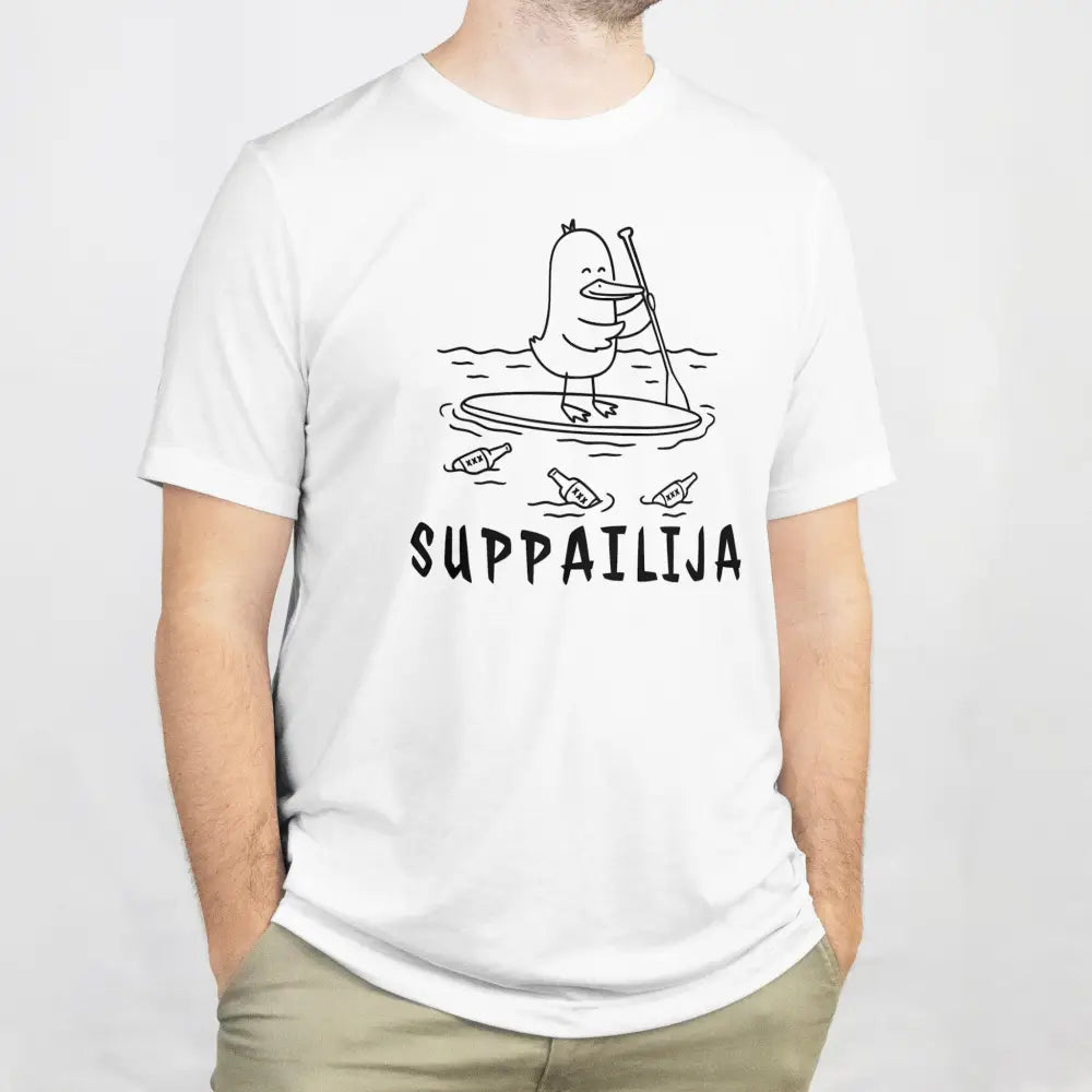 Suppailija T-paita valkoinen t-paita ja musta ankka palloilussa piirros