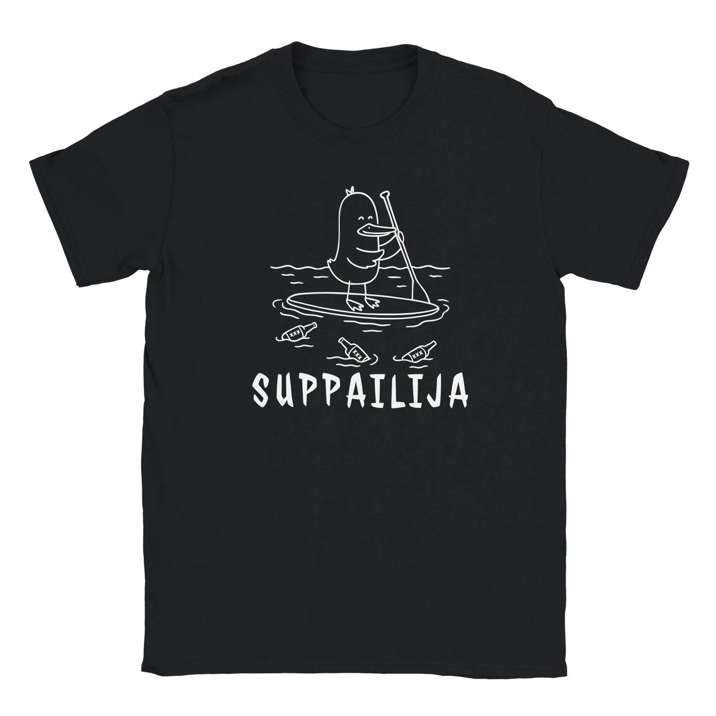 Suppailija T-paita mustavalkoinen ankka stand-up paddling ja pulloja ympärillä