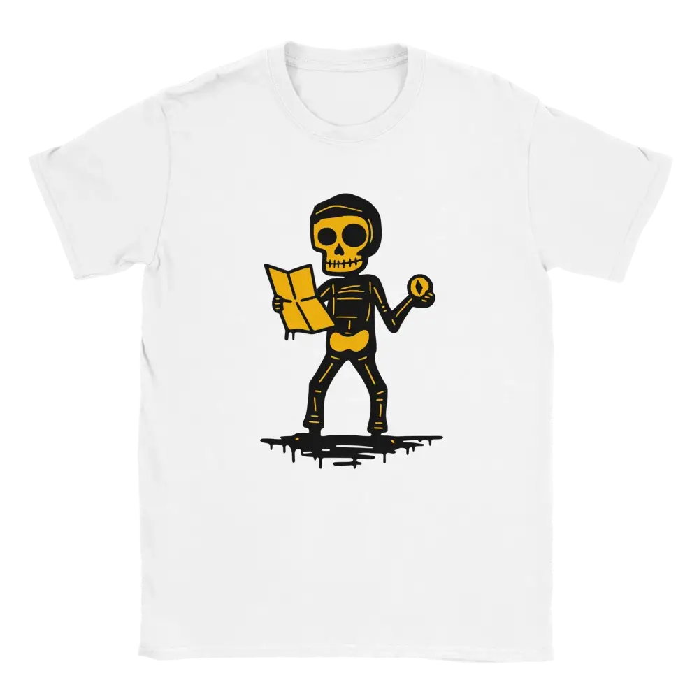 Suunnistaja T-paita, valkoinen crew-neck t-paita, skeletoni kartan ja kompassin kanssa