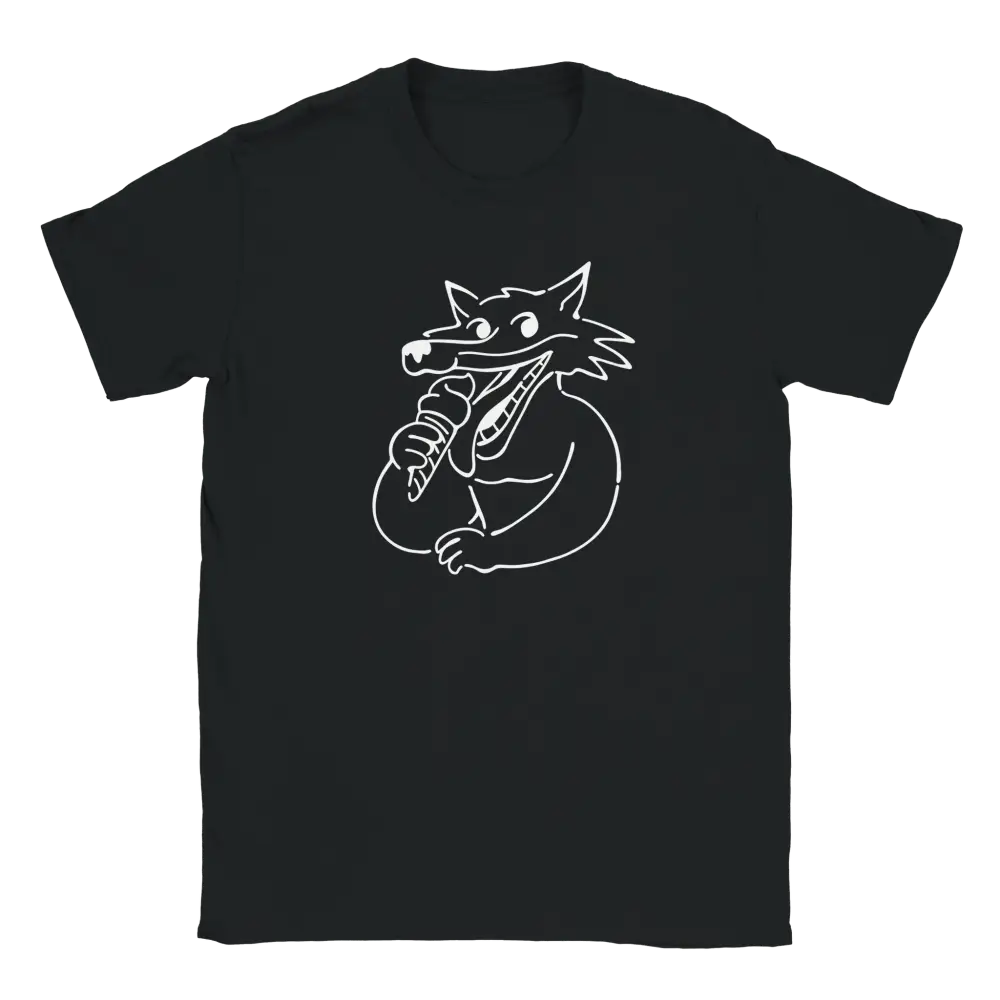 Musta T-paita, jossa valkoinen sarjakuvamainen susi syö jäätelöä, nimeltä Sweet Beast