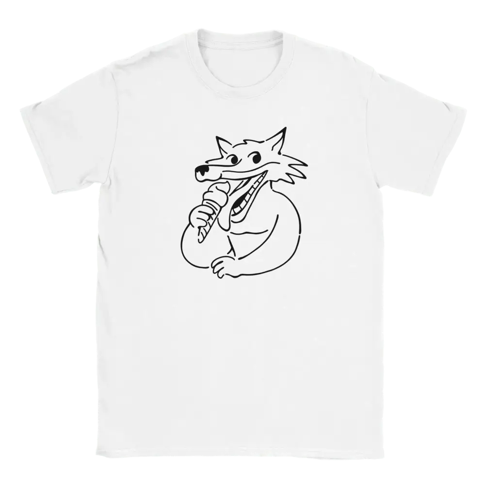 Valkoinen lyhythihainen T-paita jossa cartoon-susi syö jäätelöä, nimeltä Sweet Beast