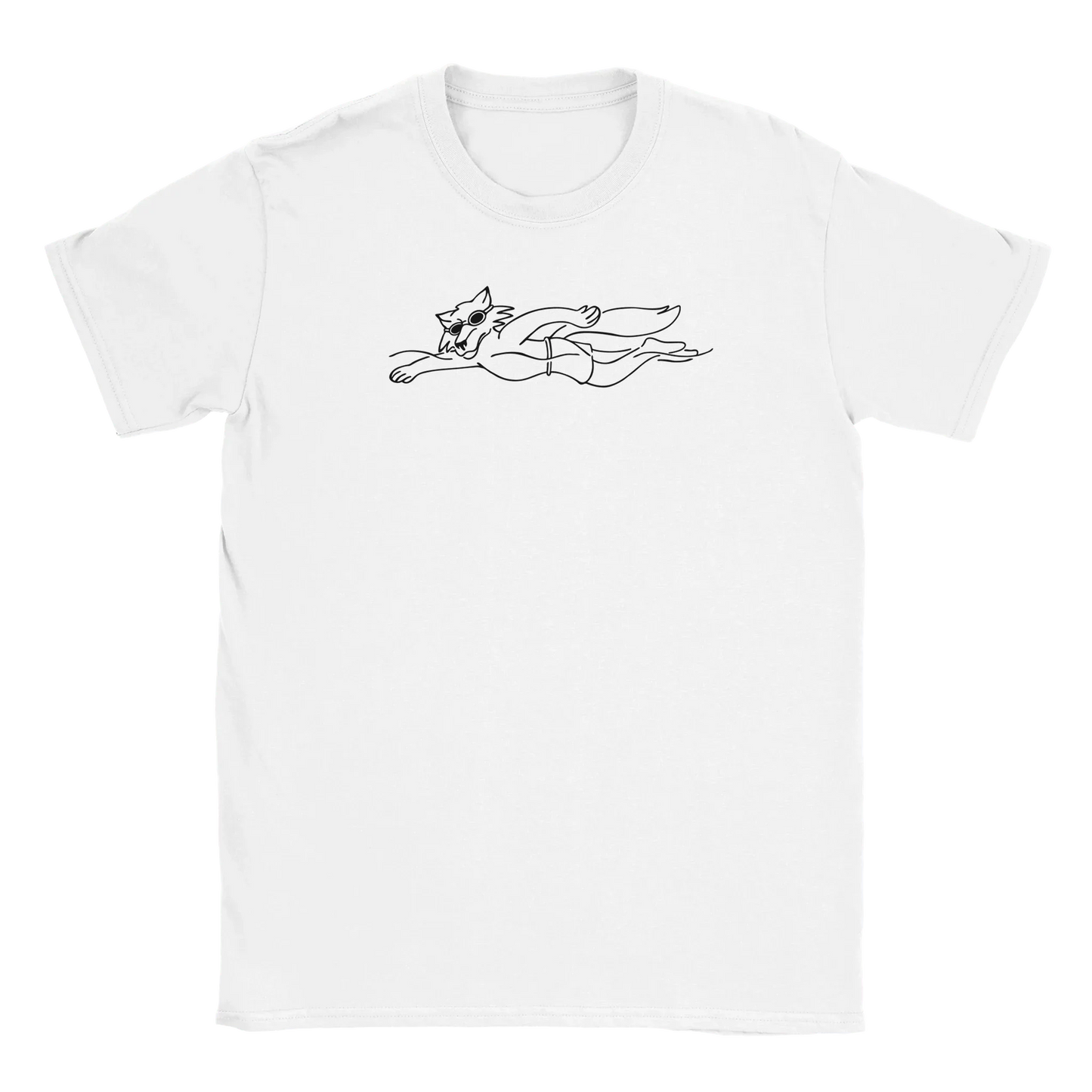 Valkoinen crew-neck T-paita mustalla uinti- ja sokeilokuvalla, nimeltä Swim Like A Fox