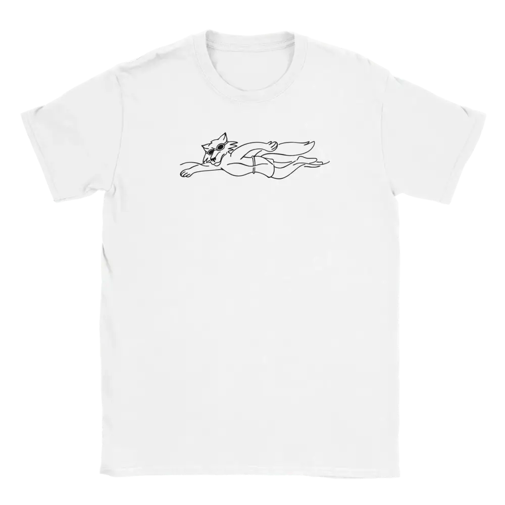 Valkoinen crew-neck T-paita mustalla uinti- ja sokeilokuvalla, nimeltä Swim Like A Fox