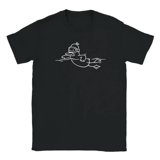 Mustavalkoinen T-paita, jossa ankan piirros uimaluolineen ja eväineen