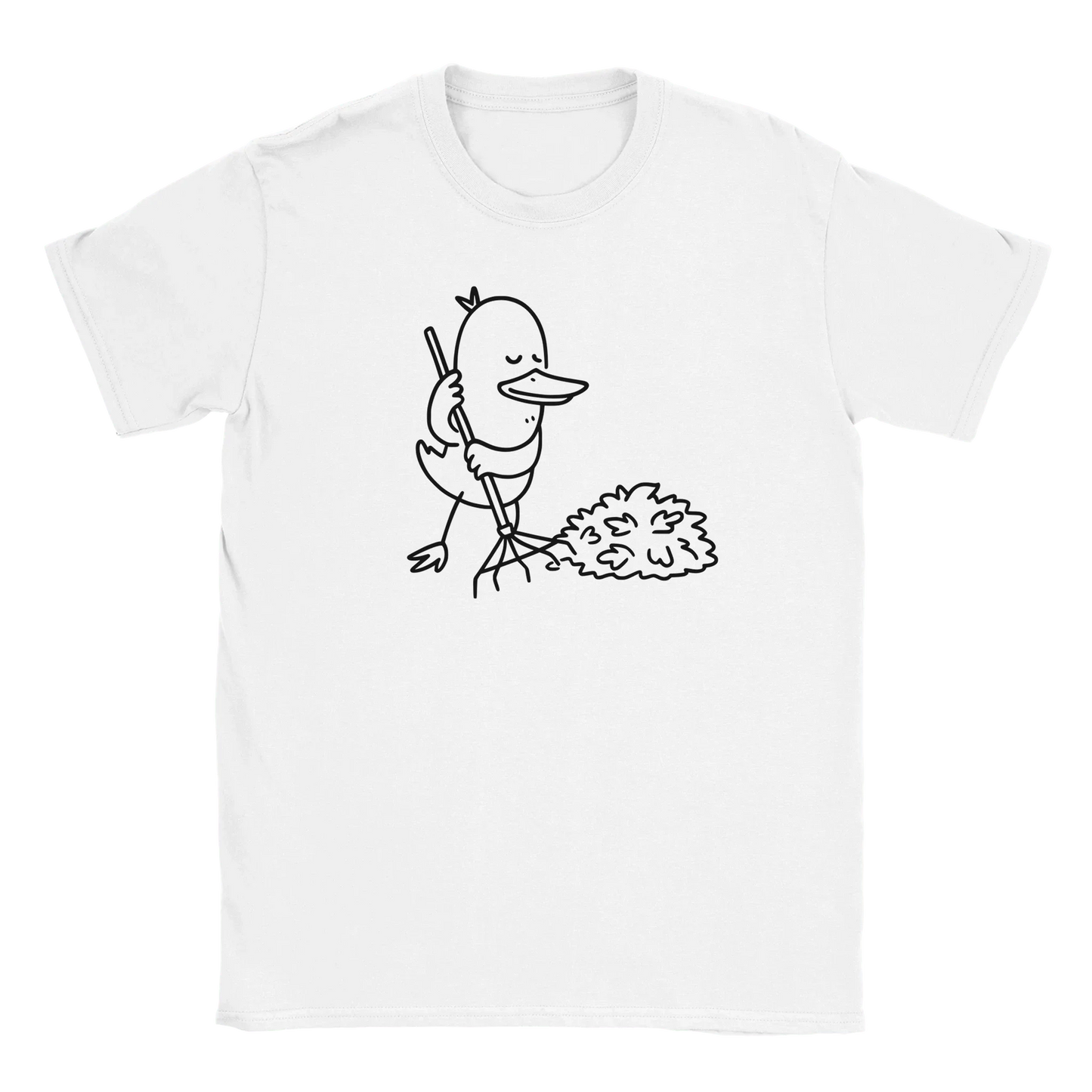 Valkoinen lyhythihainen crew neck T-paita Cartoon Duck raking leaves Syksyn Sankari