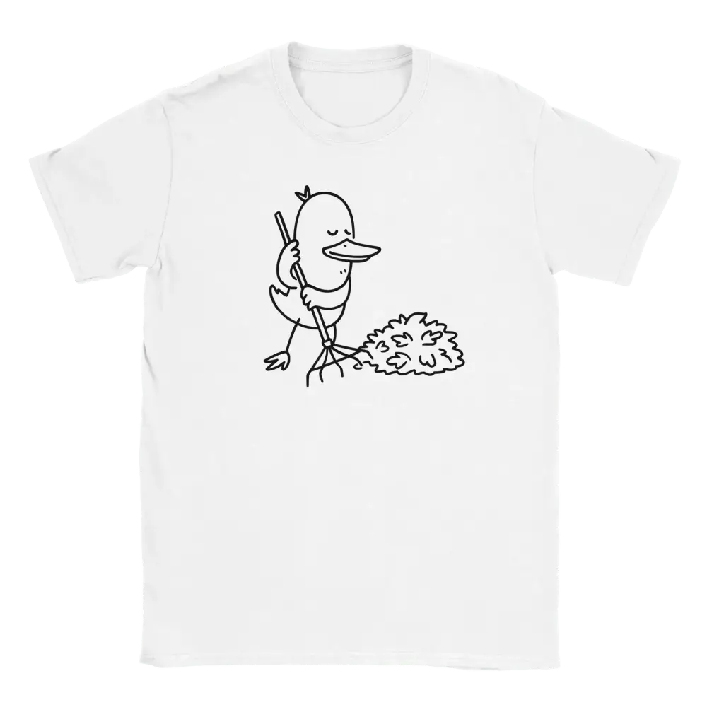 Valkoinen lyhythihainen crew neck T-paita Cartoon Duck raking leaves Syksyn Sankari