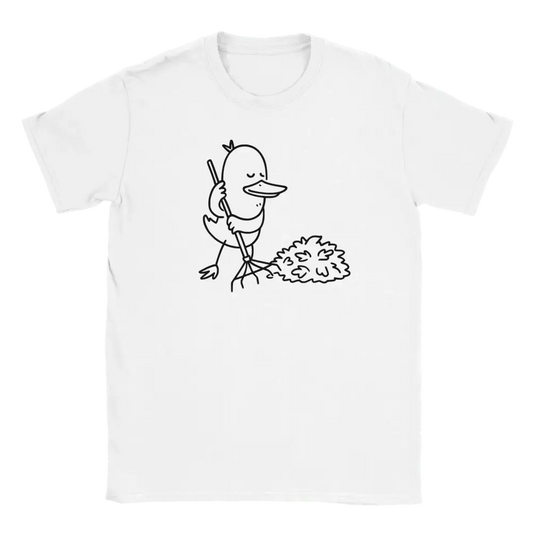 Valkoinen lyhythihainen crew neck T-paita Cartoon Duck raking leaves Syksyn Sankari