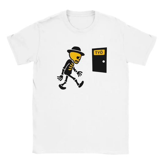 Takaisin Töihin valkoinen lyhythihainen t-paita luurankografiikalla