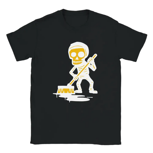 Musta T-paita Talkkari Skeleton-hahmolla lakaisee lätäkköä, tuote shown