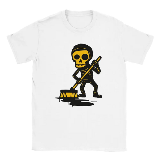 Talkkari T-paita valkoinen t-paita luurangolla pyyhkimässä mustaa lätäkköä