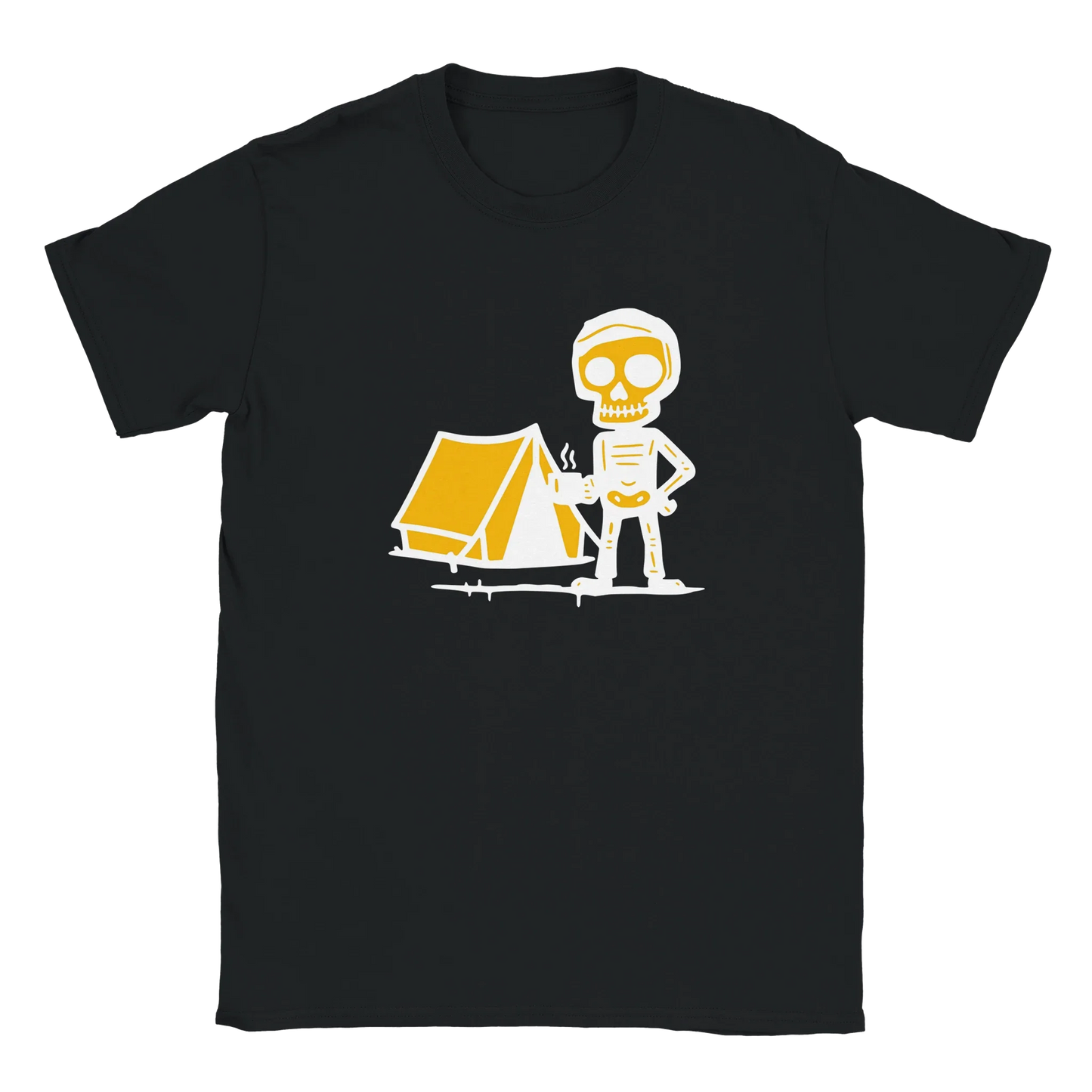 Musta T-paita Skeleton Camping -designilla Telttailija T-paita